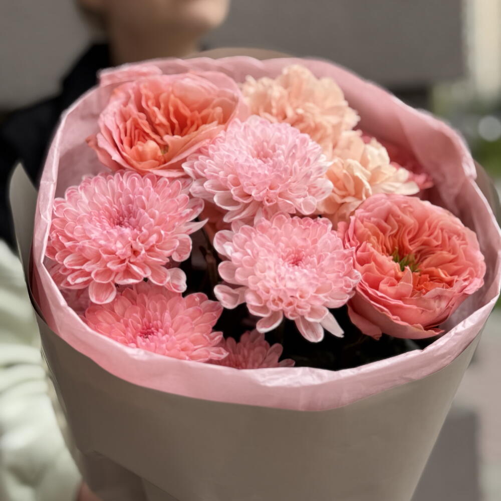 Букет «Лайла» с розой мандарин 🎀 Диантусами🌸 хризантемой сорта «Алтай»🌿♥️