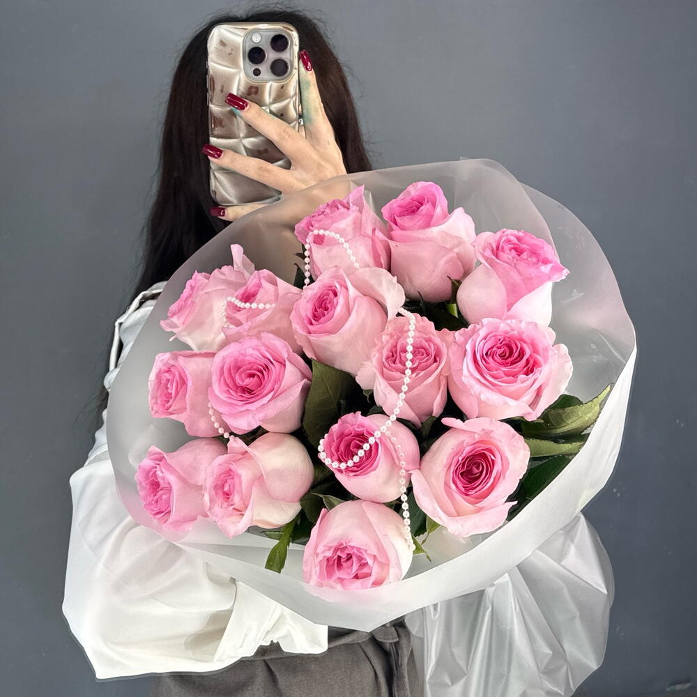 Монобукет💕 с пионовидной розой Мандала 15 штук с бусами