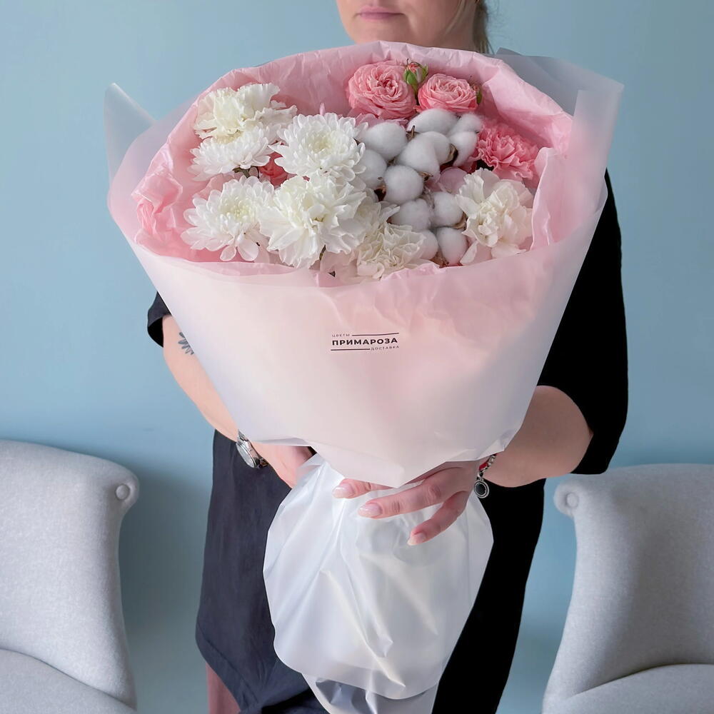 Букет с хлопком, хризантемой и розой Бомбастик «Белый бархат» 🤍🌸 40941