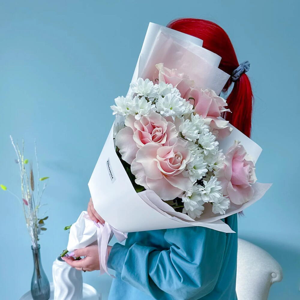 Букет из французских роз и хризантем «Нежное утро» 🌸🤍 38361