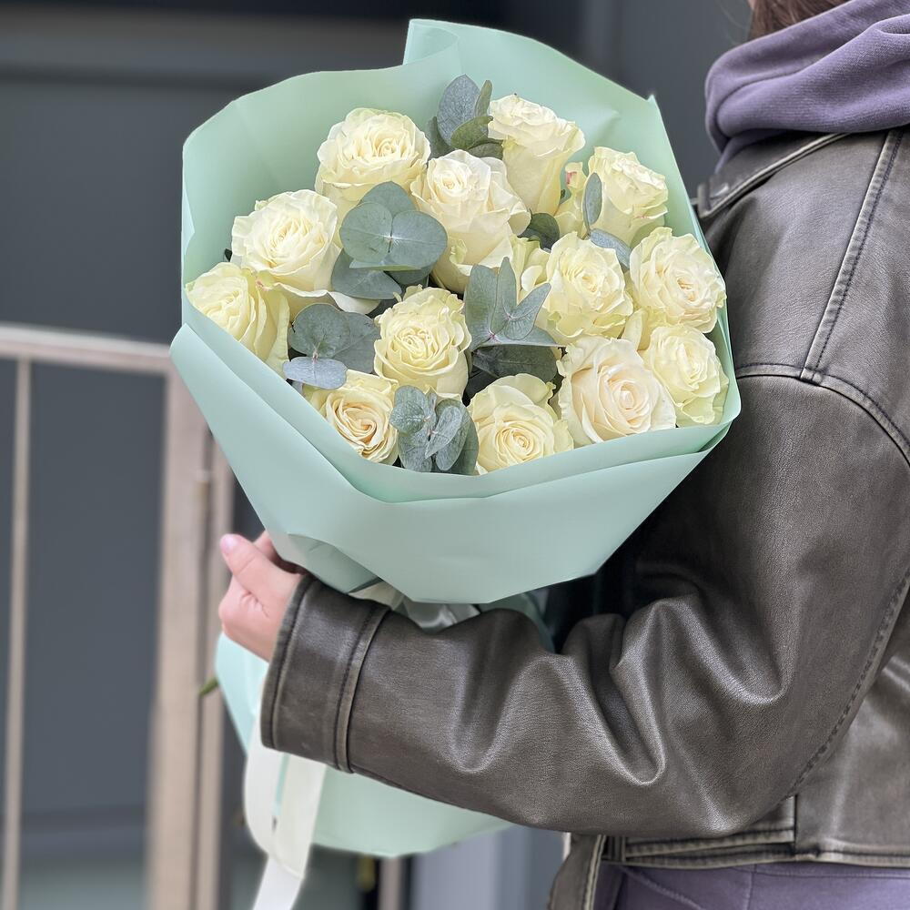 Snow White bouquet of 13 white roses and eucalyptus