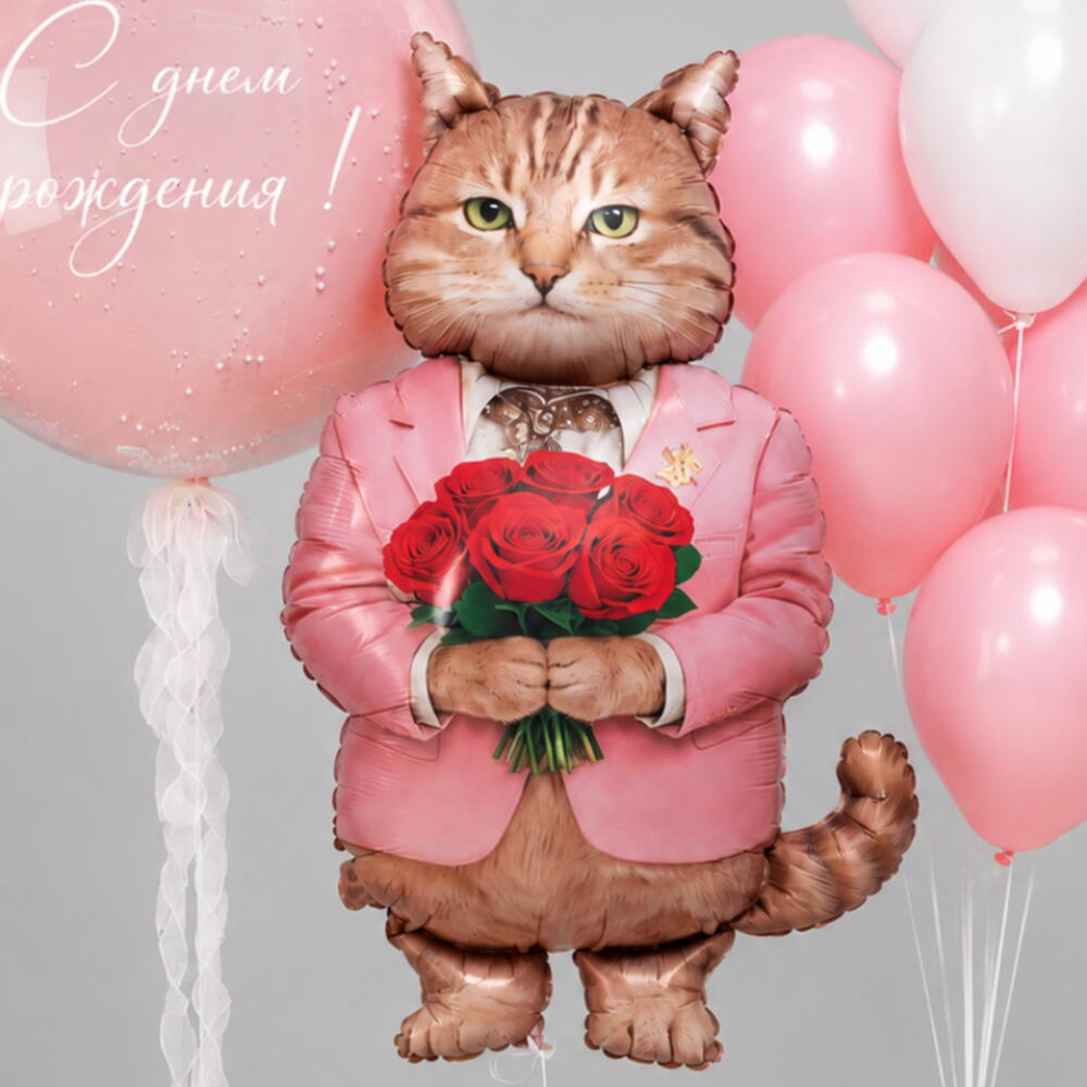 Набор воздушных шаров «Кот с букетом» 🌹🎈