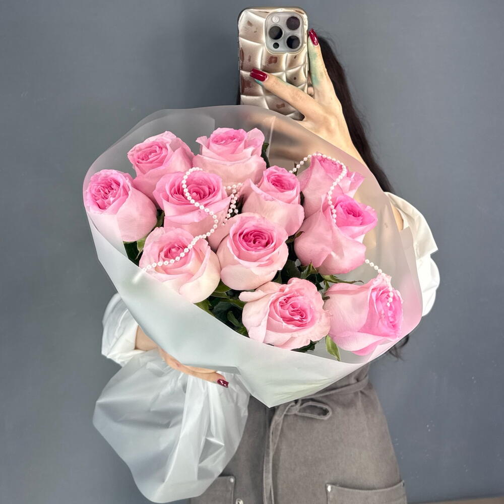 Монобукет💕 с пионовидной розой Мандала 11 штук с бусами