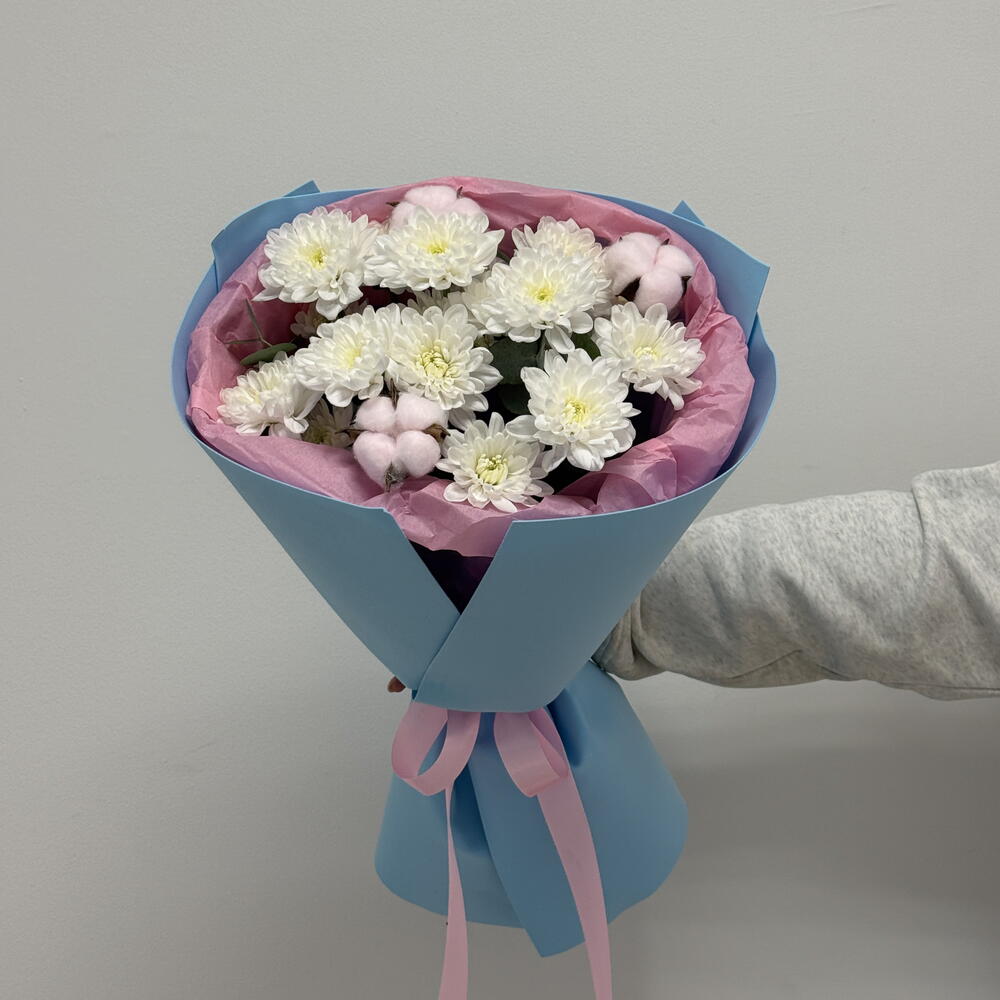 Букет 🌸 «Хлопковая сказка» кустовые хризантемы и хлопок 🎀