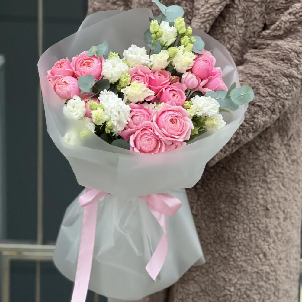Bouquet of peony bush rose and eustoma Chantal