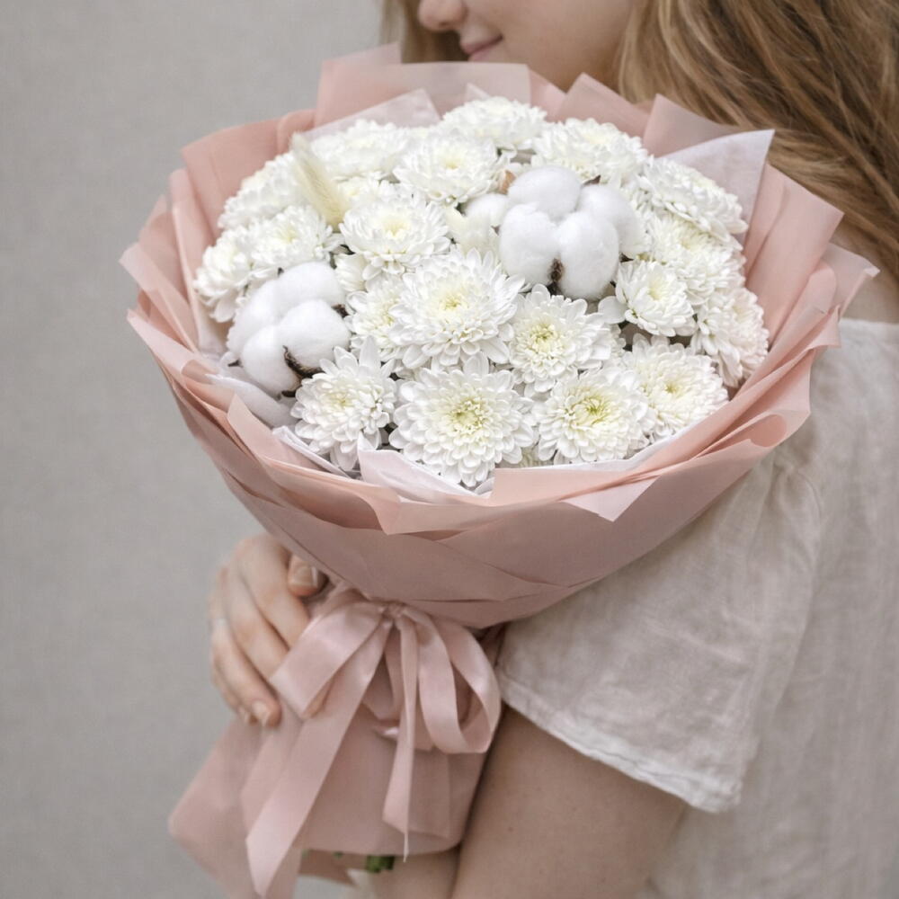 Кружевная  хризантема с хлопком и лагурусом🌸