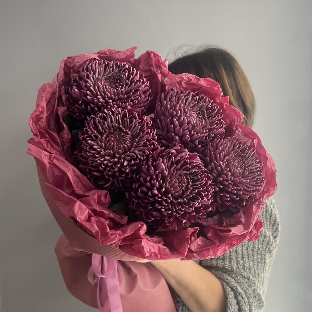 Монобукет изысканный 💜 хризантема одиночная Бигуди 💜💜💜 5 шт