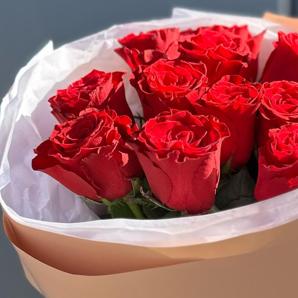 15 красных роз Rhodos с оформлением