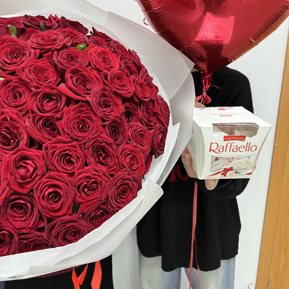 Акция ❗️❗️ Комбо XL 101 Роза 🌹 +  3 Шаров Сердце ♥️ + Raffaello 🍬