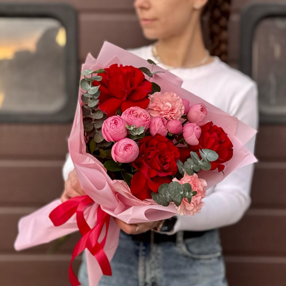 Букет| «Розовый закат» Пионовидная кустовая Роза| красные французские розы