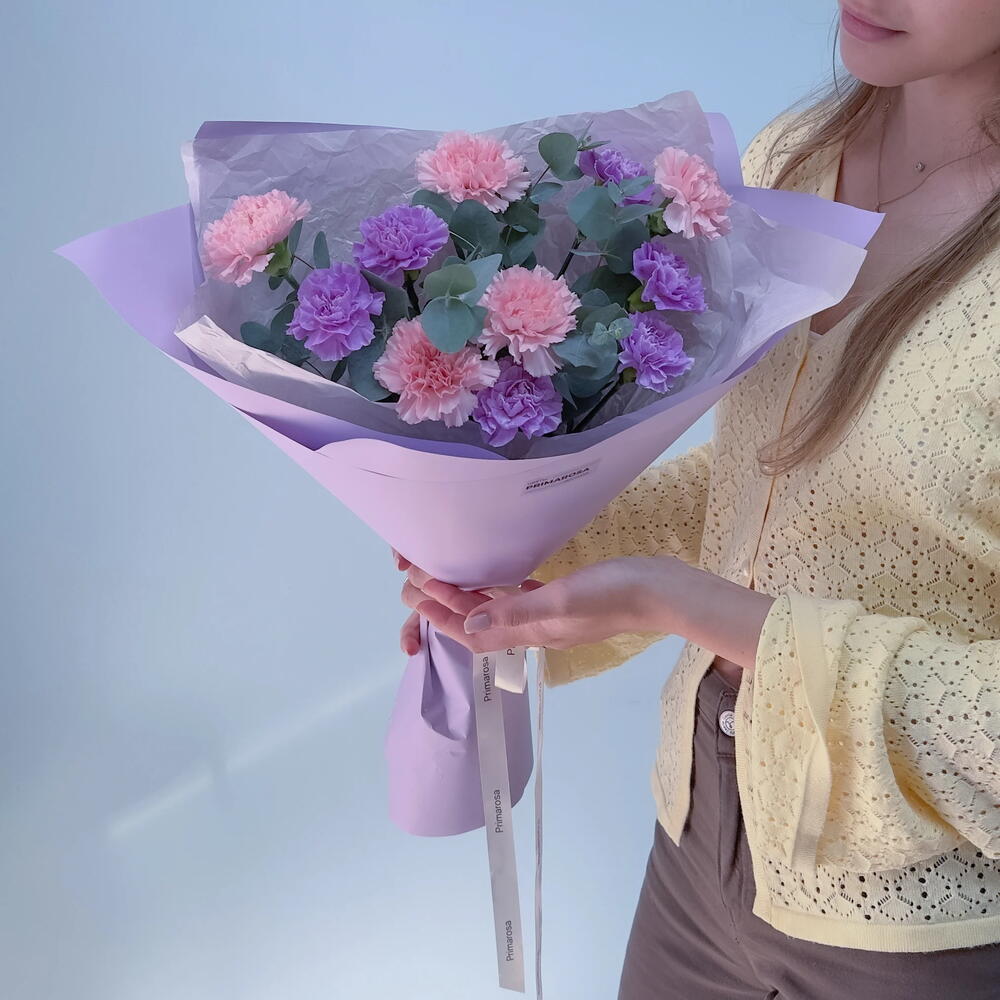 Букет из 11 диантусов микс с эвкалиптом «Лавандовый закат» 💜🌸 39915