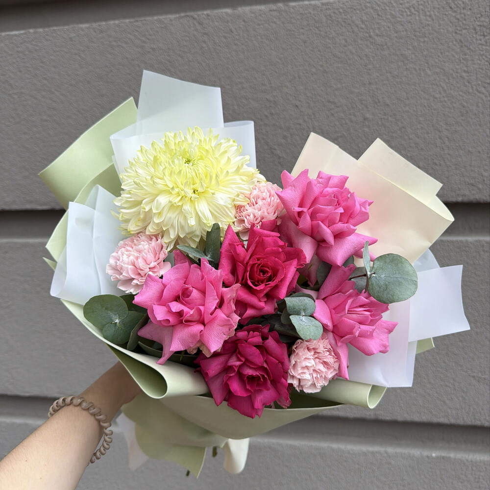 Букет «Летний коктейль» 🍹🌸 французская Роза, диантус и стойкая пышная хризантема 🌿