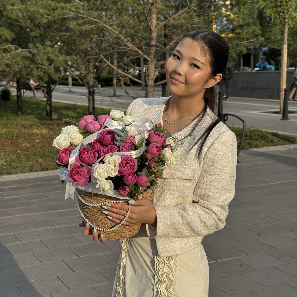 A basket of peony-like shrub roses