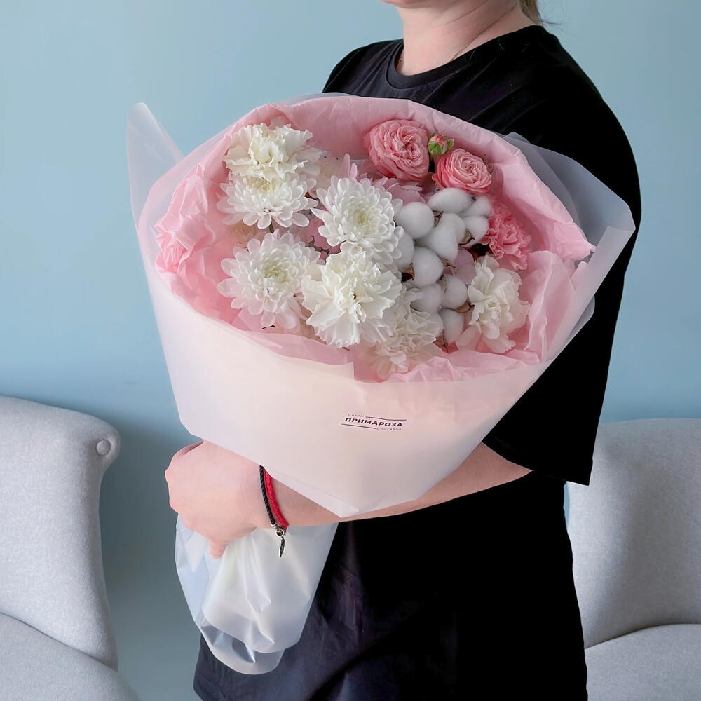 Букет с хлопком, хризантемой и розой Бомбастик «Белый бархат» 🤍🌸 40941