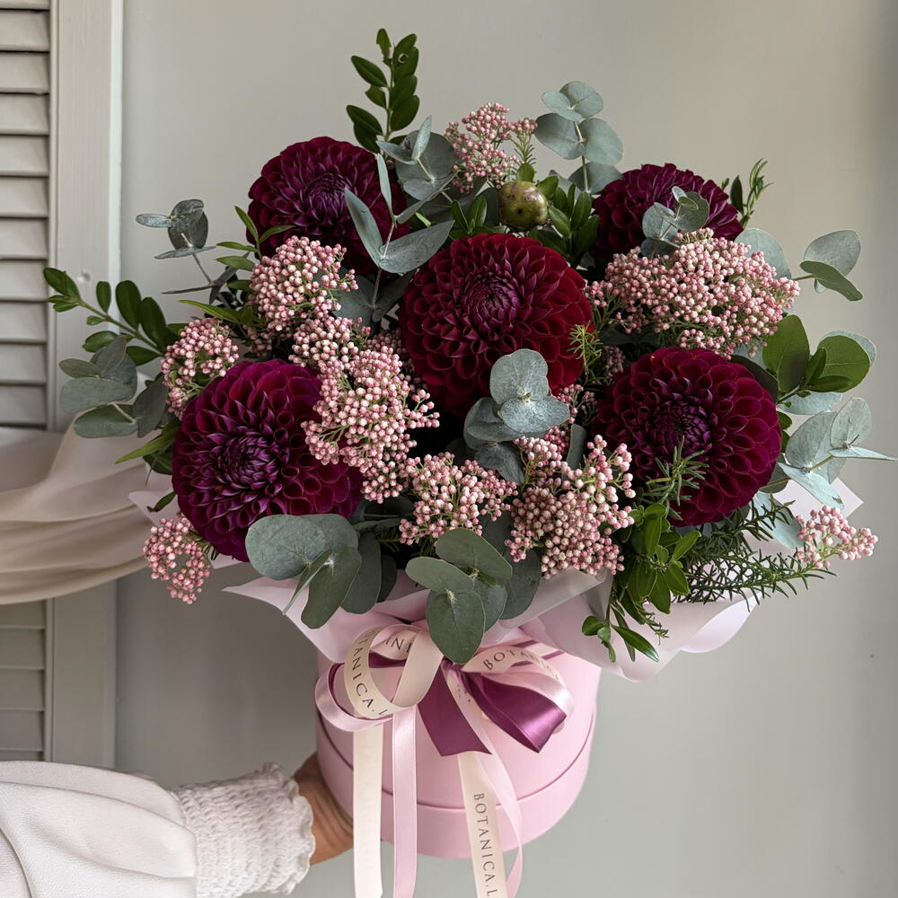 Георгины, Озотамнус и эвкалипт, композиция в подарочной коробке 💜