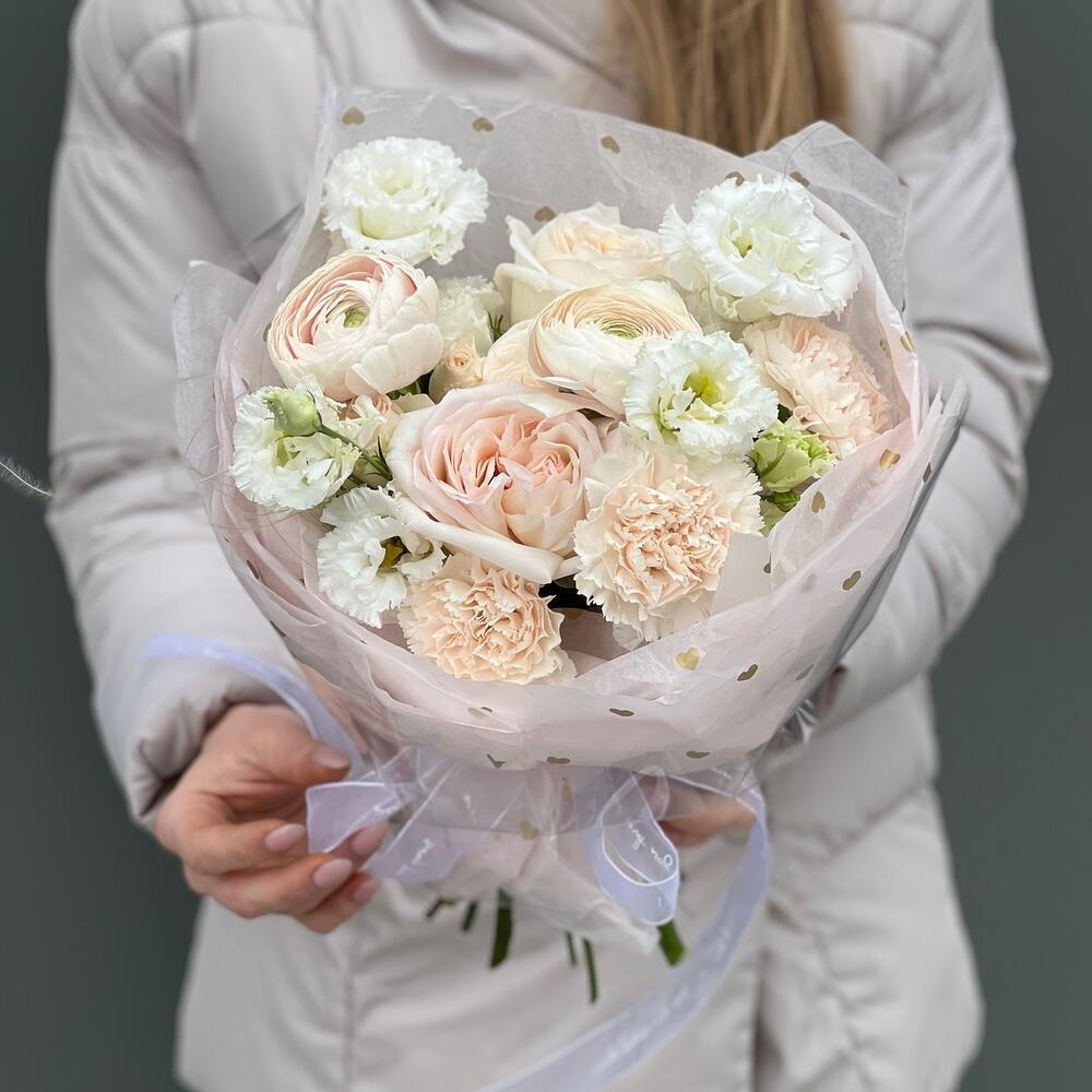 Elemis bouquet of ranunculus, Ohara and Sophie roses, eustoma, carnations and stiffs