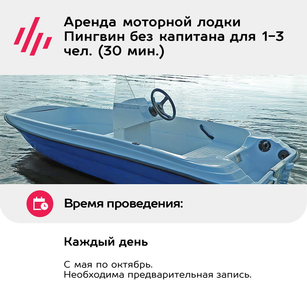 Подарочный сертификат Аренда моторной лодки Пингвин без капитана для 1-3 чел. (30 мин.)