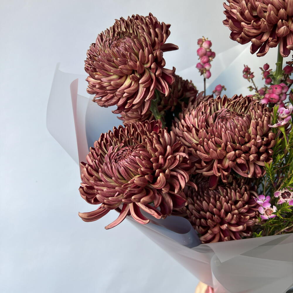 Букет с хризантемами, симфорикарпосом и хамелациумом