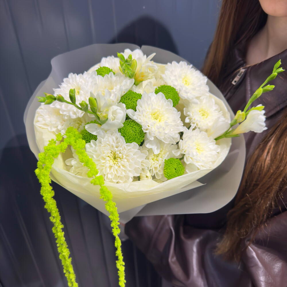 Фрезия 💚 С АРОМАТОМ МОХИТО 💚 хризантемы 🕊️ стабилизированный амарант White Mint зеленый букет