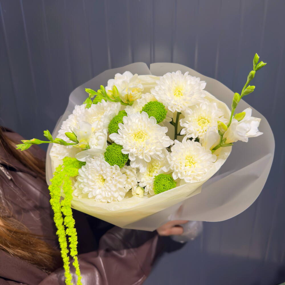 Фрезия 💚 С АРОМАТОМ МОХИТО 💚 хризантемы 🕊️ стабилизированный амарант White Mint зеленый букет