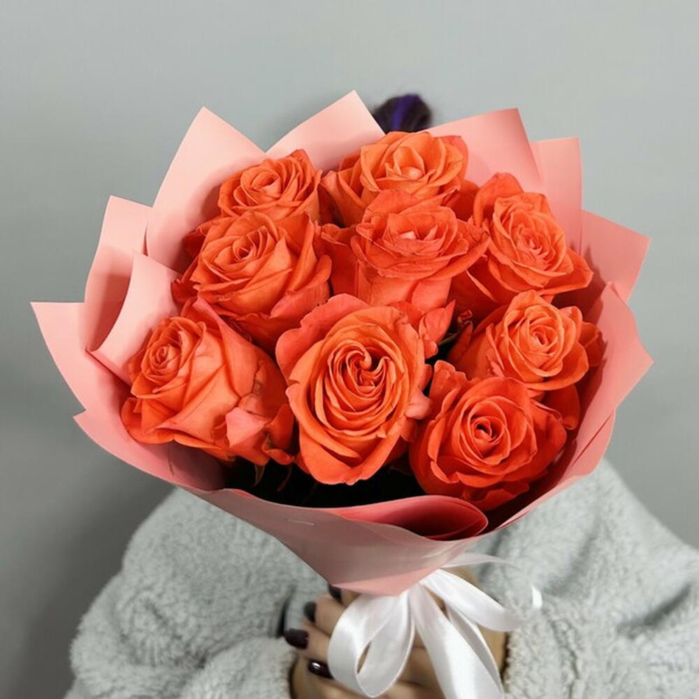 Букет живых цветов из оранжевых роз 9шт (40см)