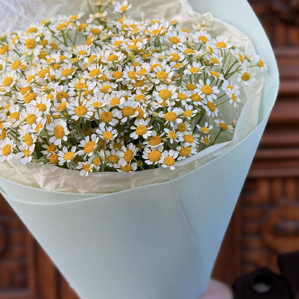 Букет авторский «Любит — не любит💛» с 15 ромашками матрикария