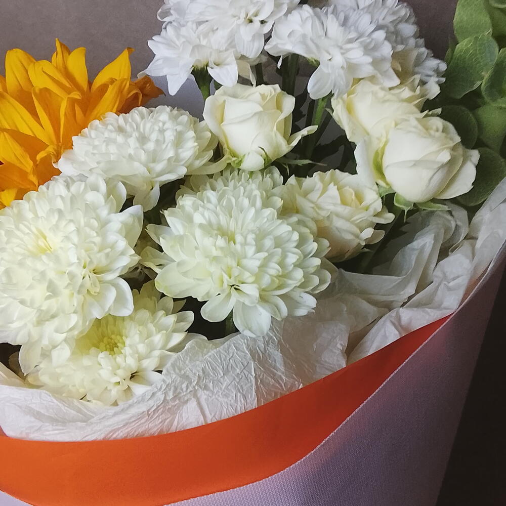 Подсолнух, малюцелла,хризантема кустовая,роза кустовая