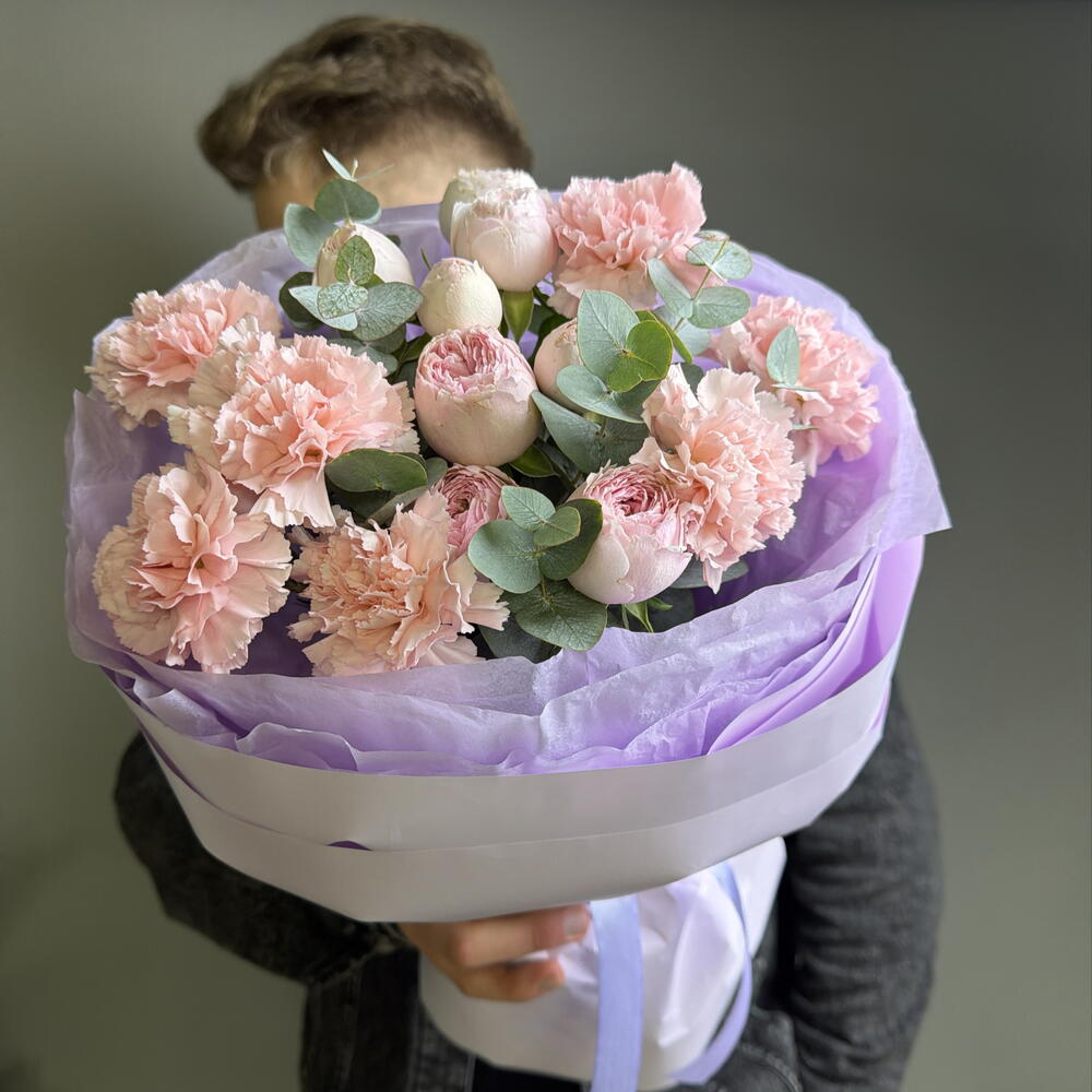Букет 🌸 «Пудра и Лаванда» ☁️💜🧸🍃🤍 с диантусами  пион розами
