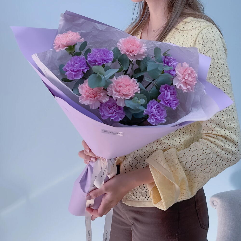Букет из 11 диантусов микс с эвкалиптом «Лавандовый закат» 💜🌸 39915