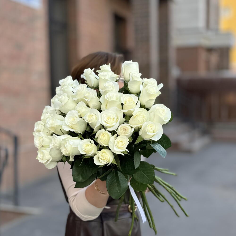35 white roses with ribbon