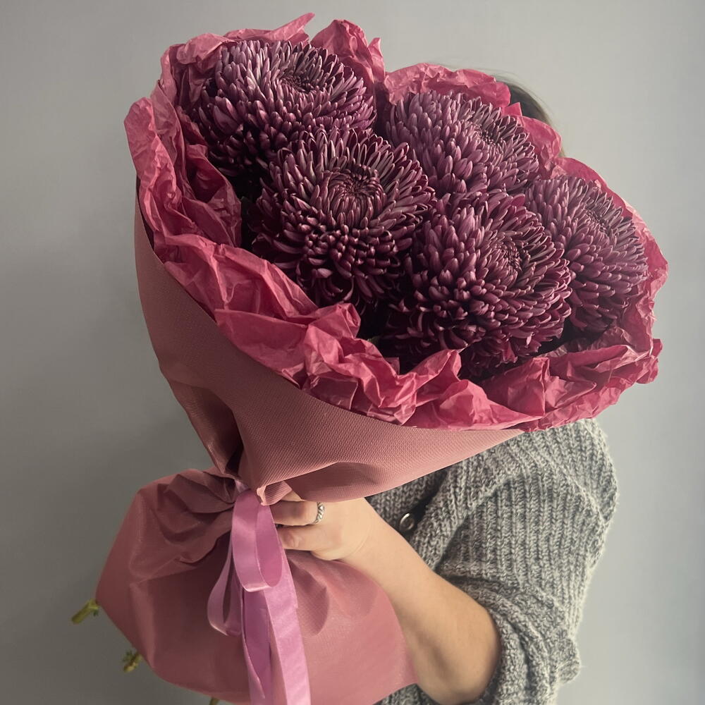 Монобукет изысканный 💜 хризантема одиночная Бигуди 💜💜💜 5 шт