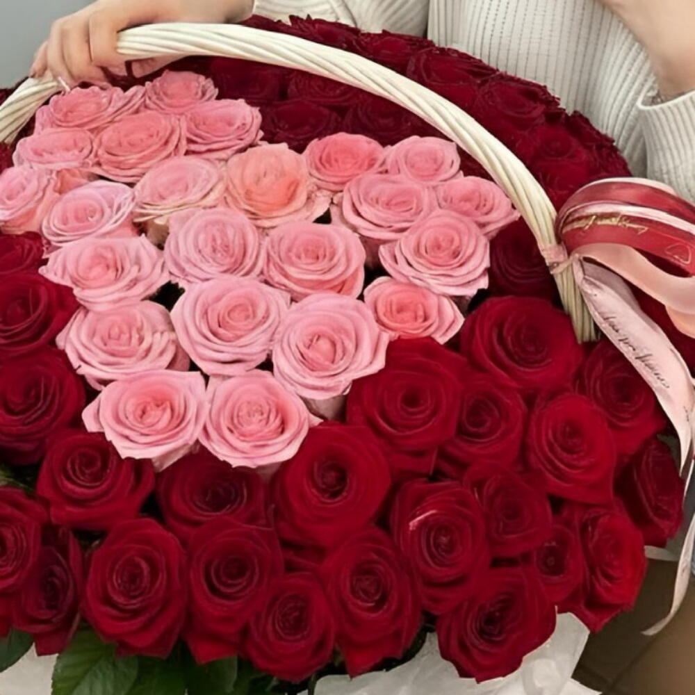 101 роза в корзине «розовое сердце»🤍😍