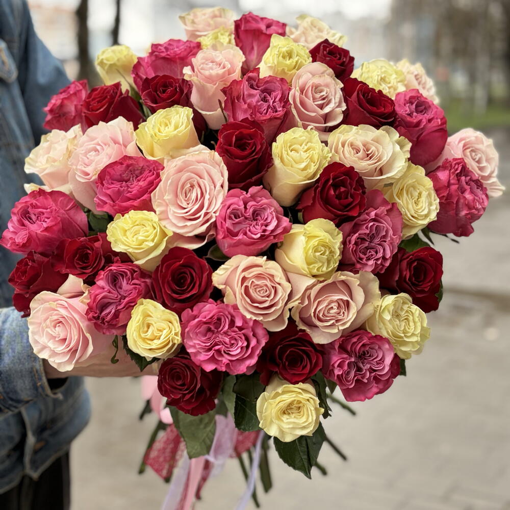 51 Роза микс с лентой