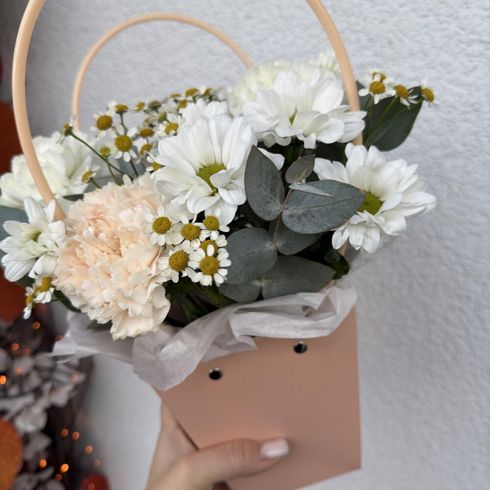 Персиковая сумочка Bloom room, ромашка, диантус, хризантема