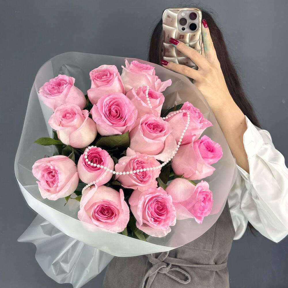 Монобукет💕 с пионовидной розой Мандала 15 штук с бусами