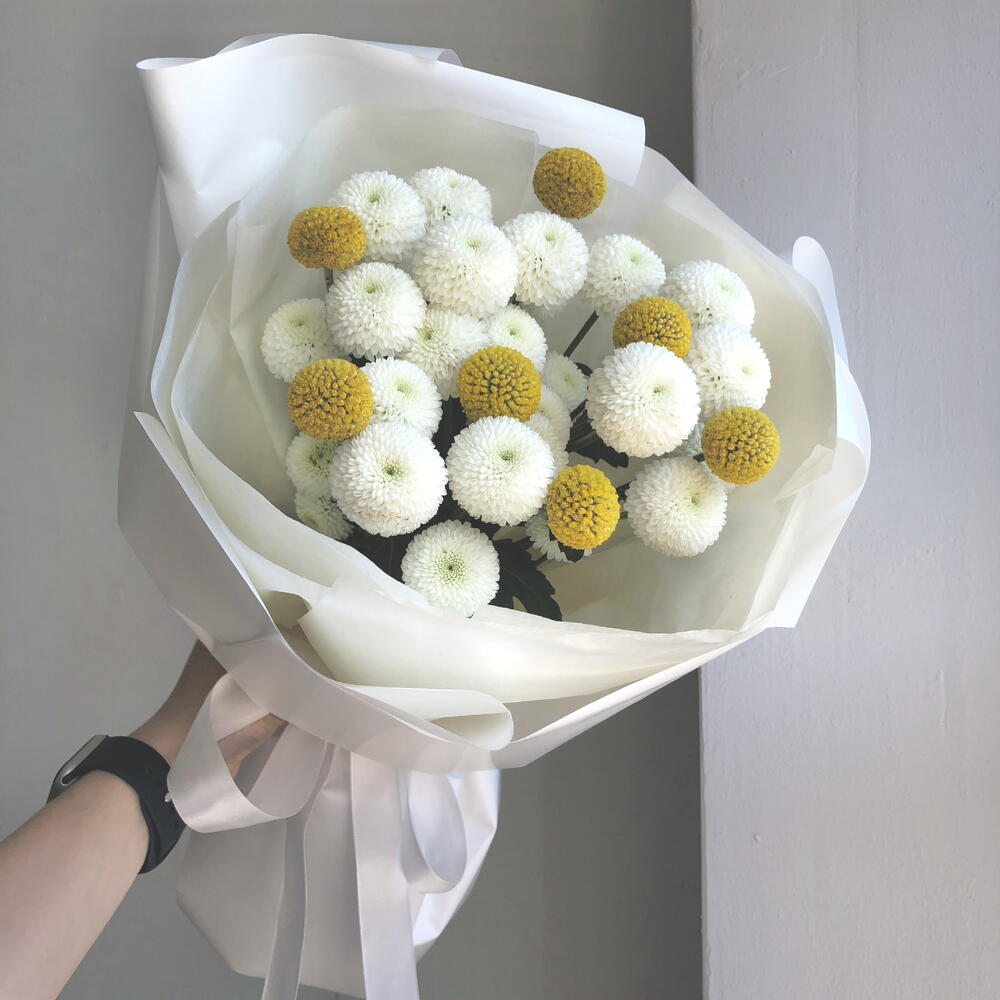 Букет с хризантемой и краспедией N 904 + подарок от Vivienne Sabo — румяна MACARON