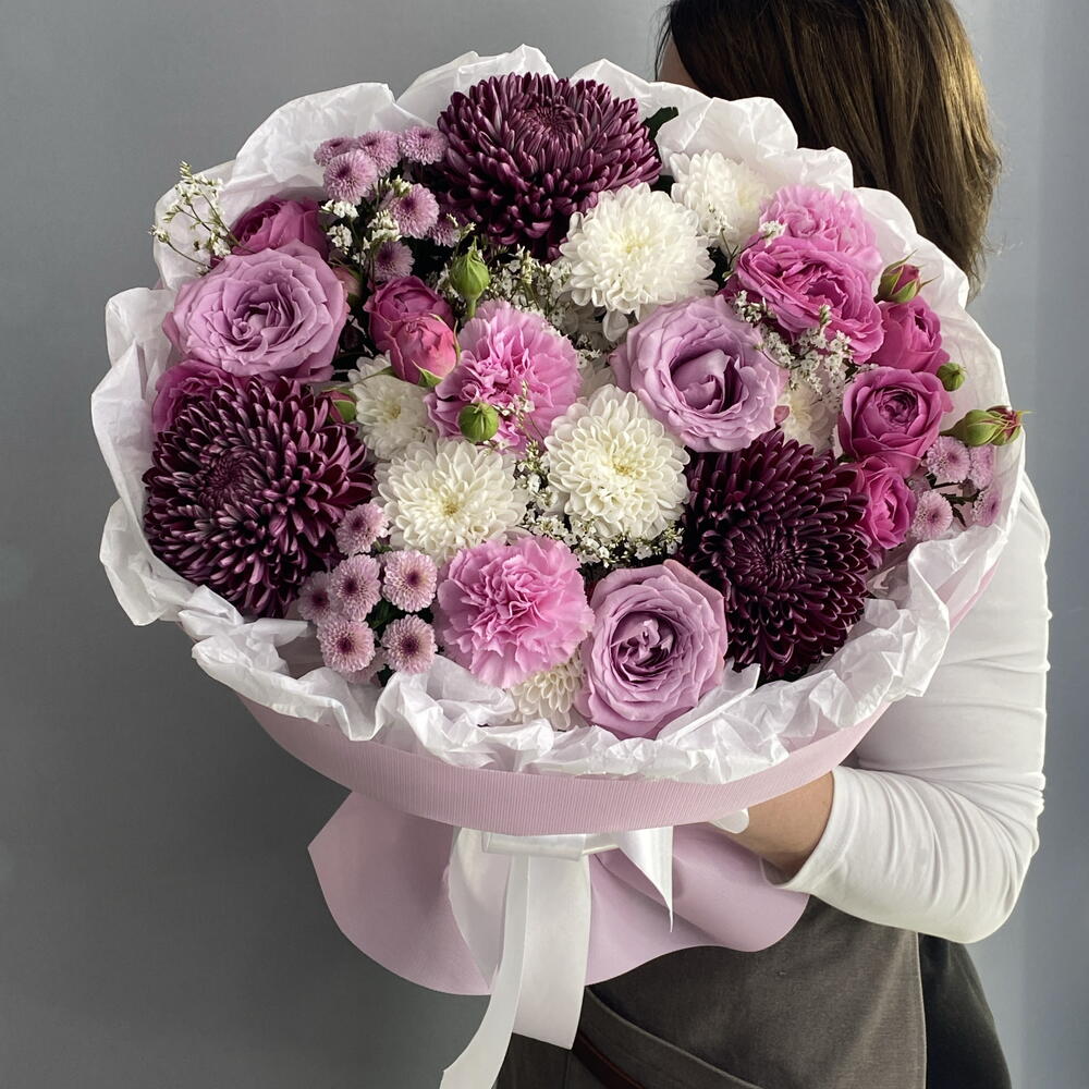 Букет королевский 👑👑👑 хризантема Бигуди 💜 ароматная Роза маритим 🌸 кустовая пионовидная Роза 🩷🩷🩷