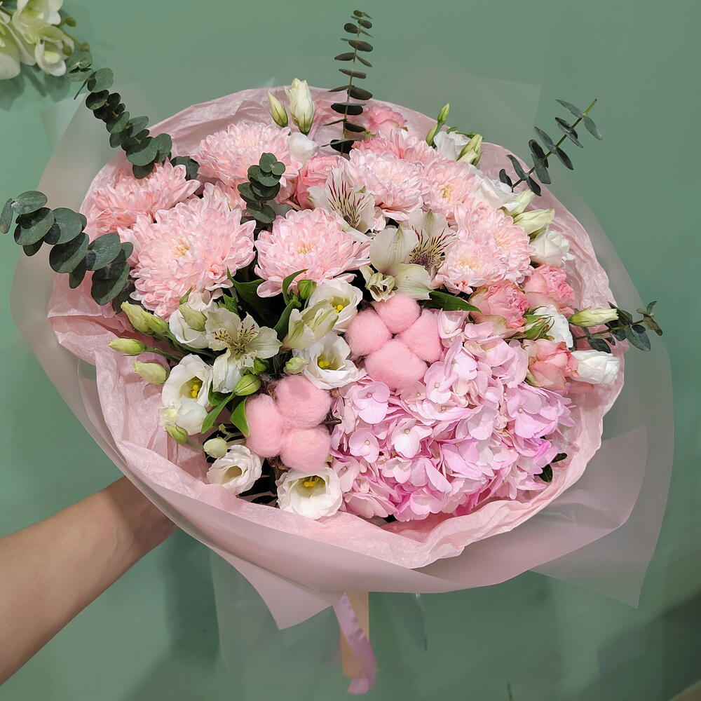 Гортензия, хризантемы, розы,альстромерия, лизиантус, хлопок n 154