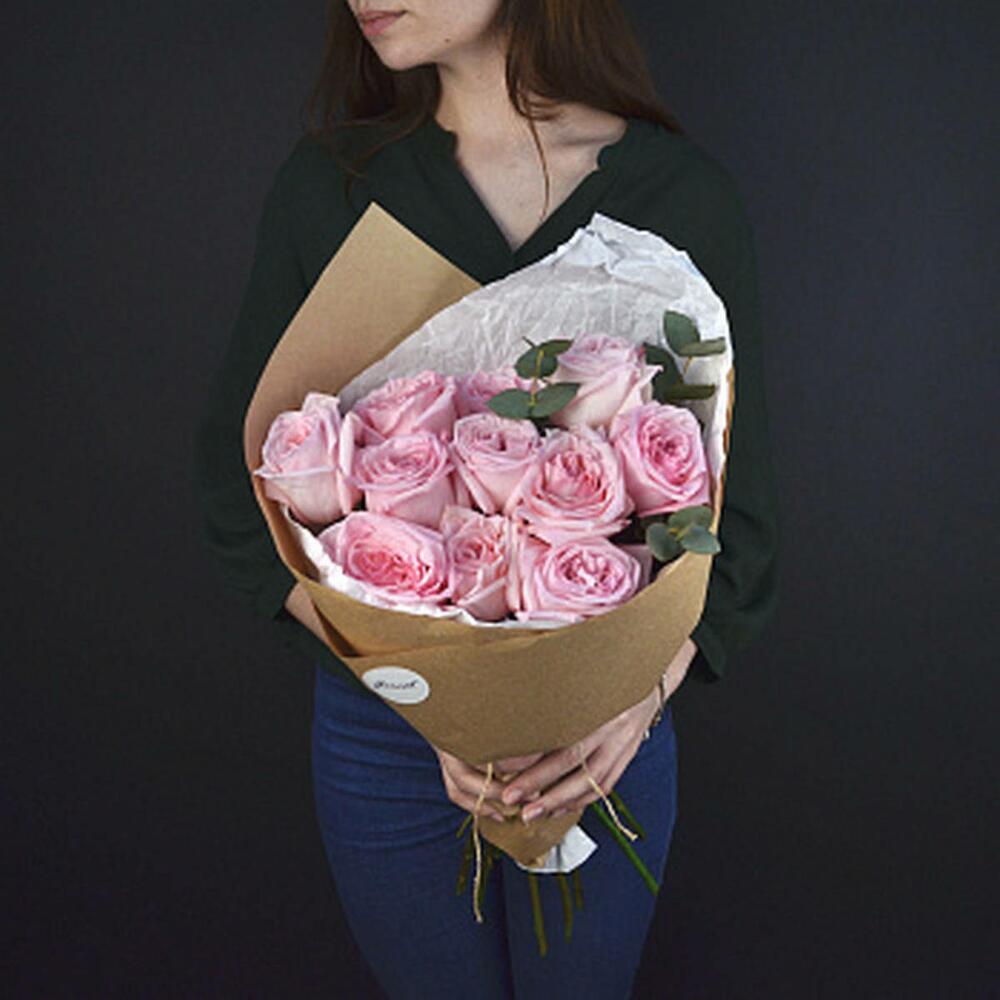 Букет пионовидных роз Pink O Hara и эвкалипта S