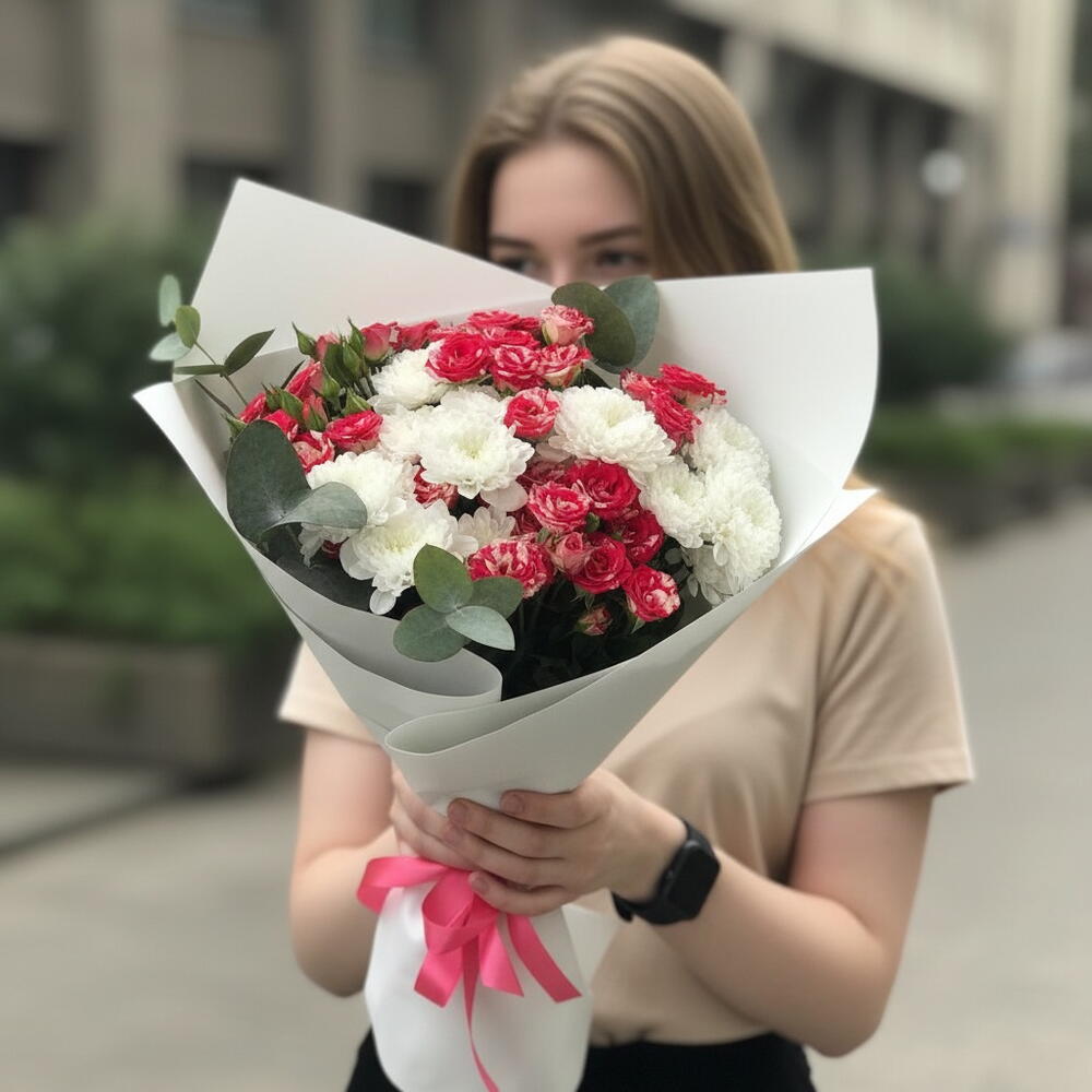 Букет хризантема и кустовая Роза
