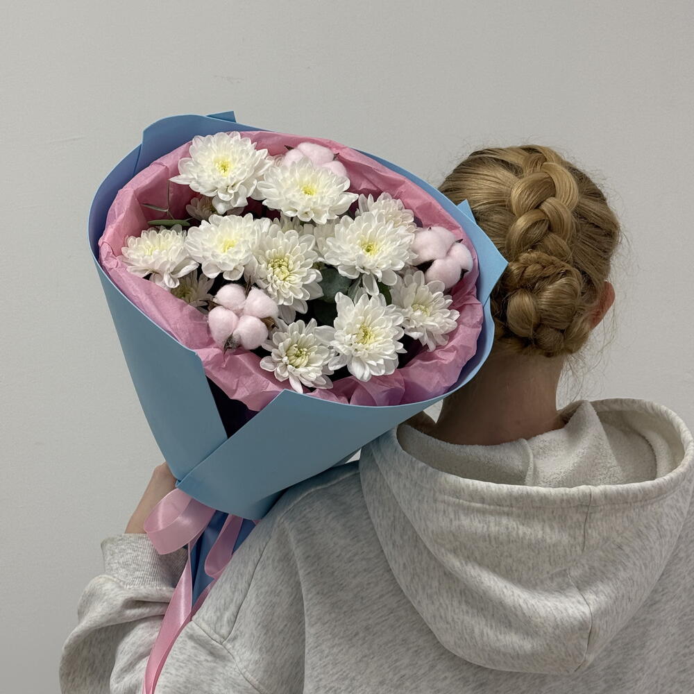 Букет 🌸 «Хлопковая сказка» кустовые хризантемы и хлопок 🎀