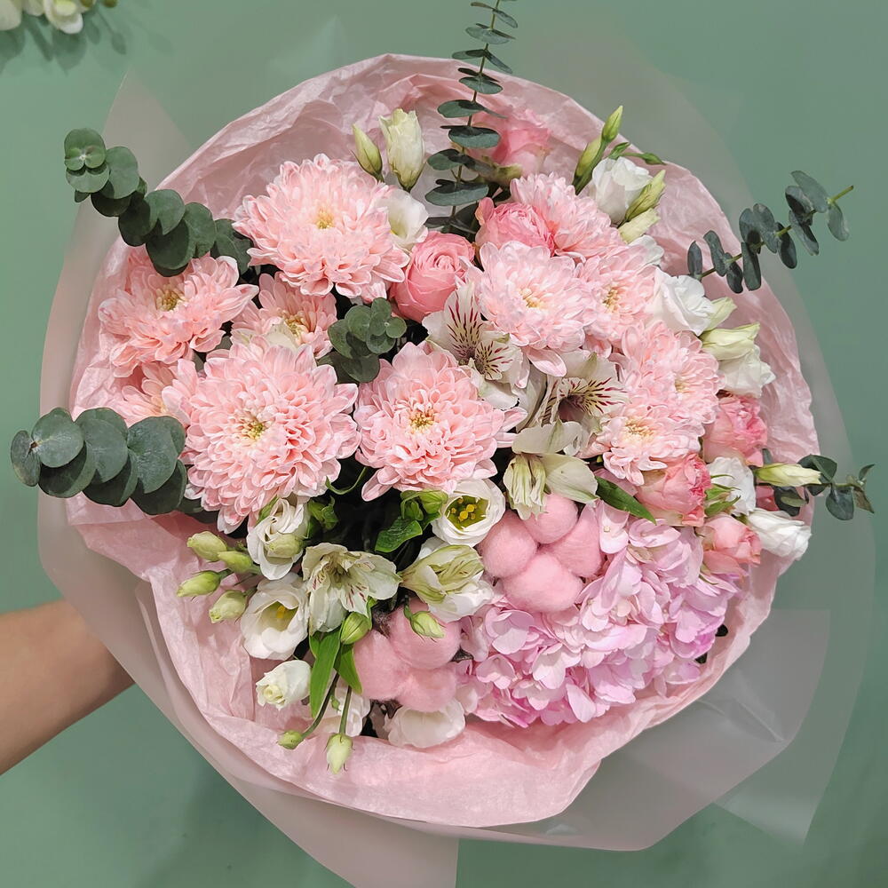 Гортензия, хризантемы, розы,альстромерия, лизиантус, хлопок n 154