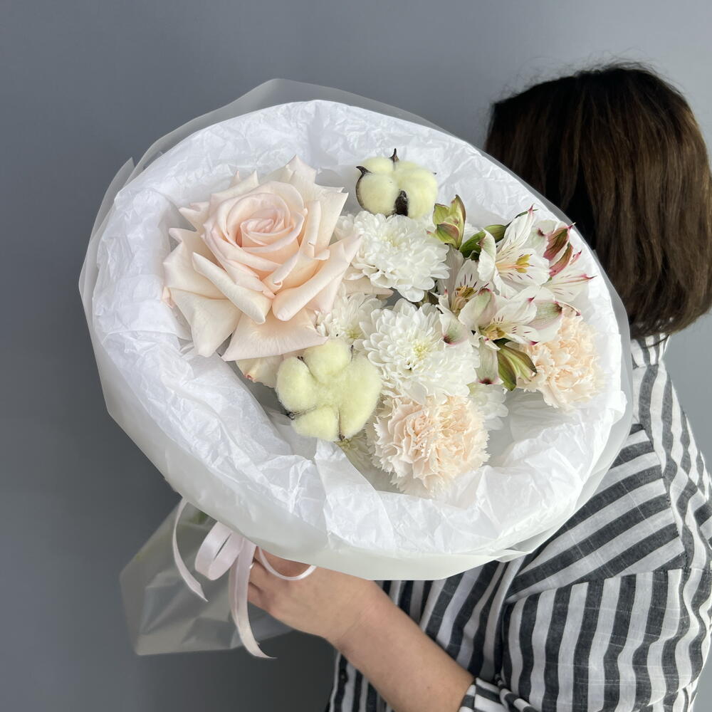 Букет комплимент 🩷 французская Роза 🥐🥐🥐 хлопок 🌸 кремовый диантус 🧁
