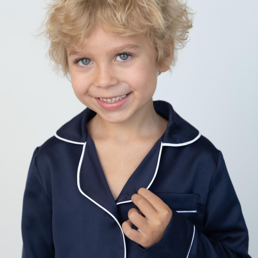 Pijama de seda para niños con pantalones y camisa con botones"Azul"