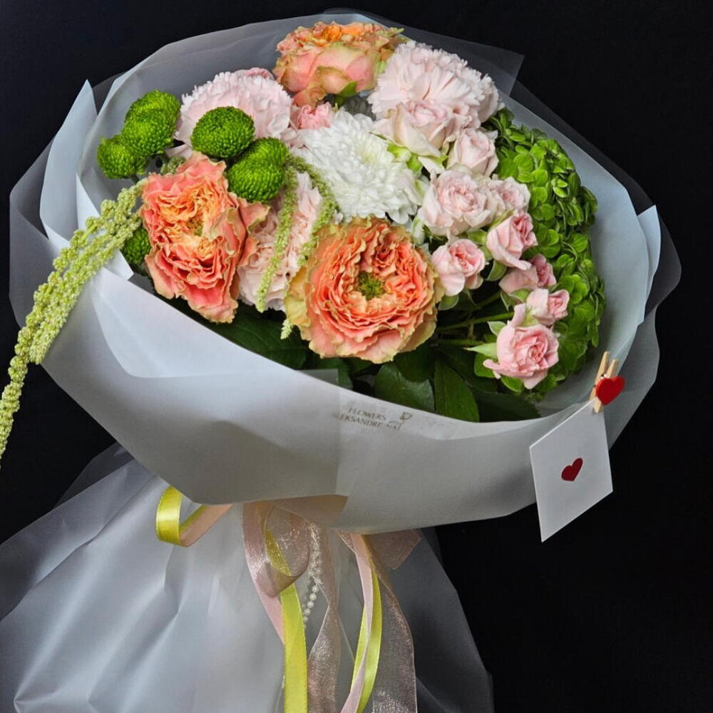 💚New Collection, Букет из ярких роз, кустовые роз Бомбастик, хризантем, гортензии с амарантом, Яркий дофаминовый букет, осенний