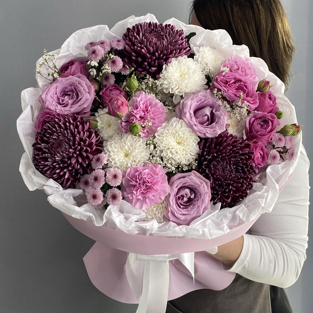 Букет королевский 👑👑👑 хризантема Бигуди 💜 ароматная Роза маритим 🌸 кустовая пионовидная Роза 🩷🩷🩷