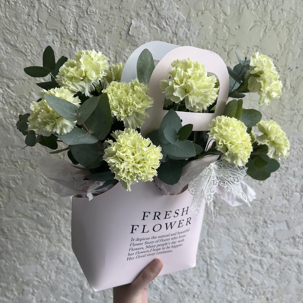Стойкие , нежные салатовые диантусы с ароматным эвкалиптом в сумочке «Fresh flower»