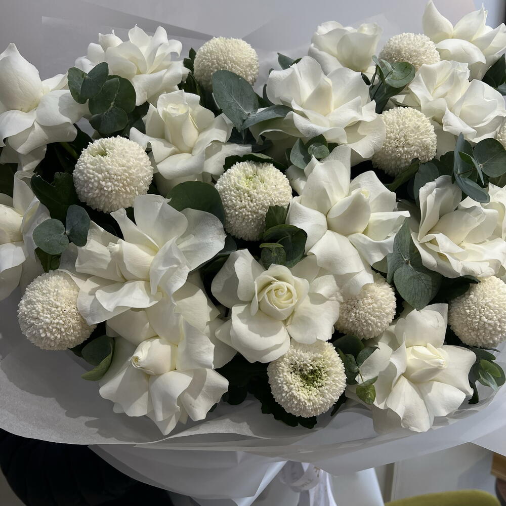 Double bouquet white French rose Chrysanthemums «Momoko» eucalyptus