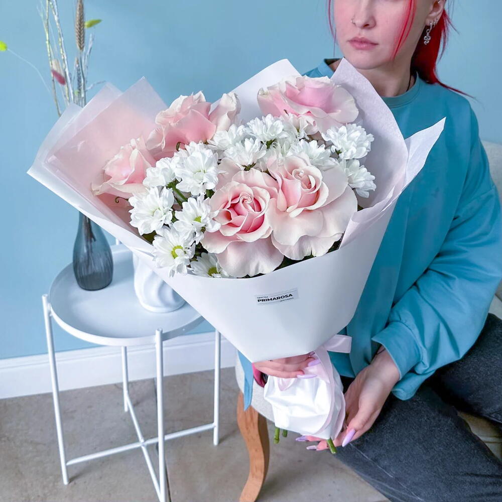 Букет из французских роз и хризантем «Нежное утро» 🌸🤍 38361