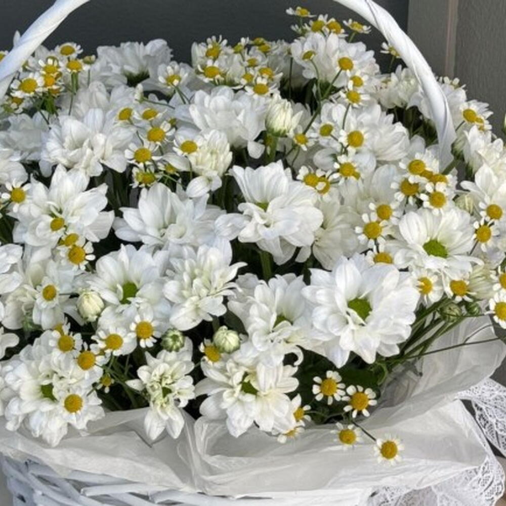 Корзина "Ромашка" из ромашковых хризантем и танацетума